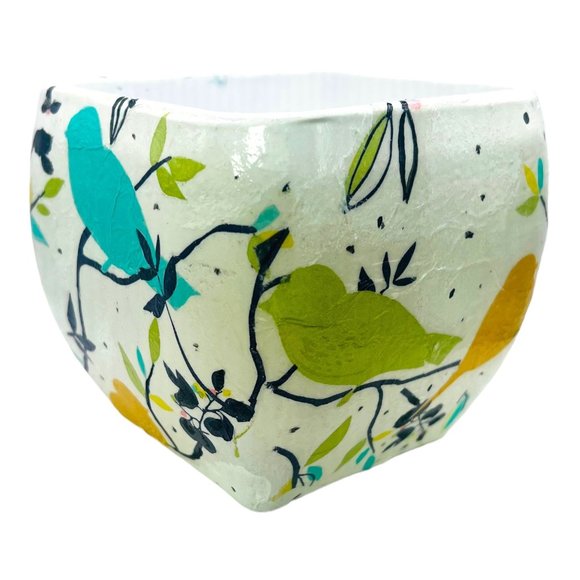 Libbey Glass Handmade Flower Votive Bowl Decoupaged Heavy Glass Curved Square - Picture 12 of 16